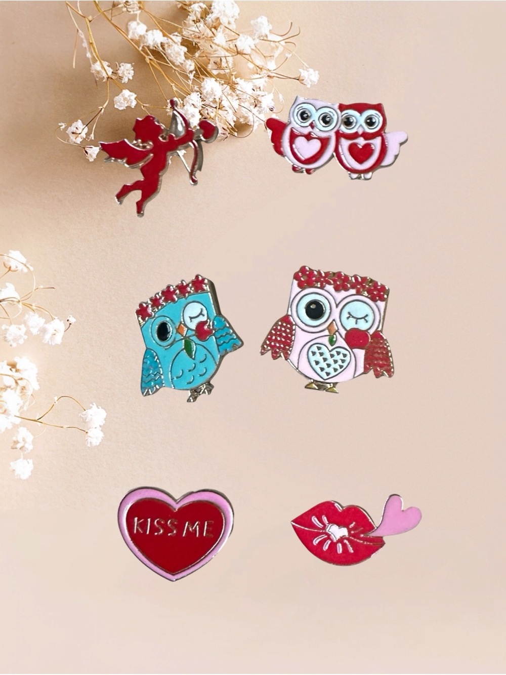 Bundle of 6 Valentine’s Day Enamel Pins - Owls, Cupid, Lips & Heart